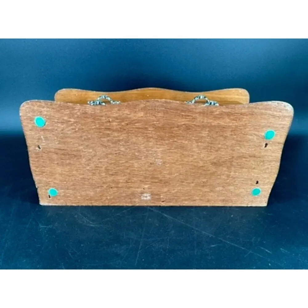 Vintage Wood Jewelry Box Mirror Cream Interior Drawer Ornate Metal Pulls 10.5